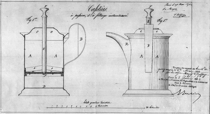 French Press için, 1852'de Fransız Mayer ve Delforge tarafından Cafetiere adında alınan patent.